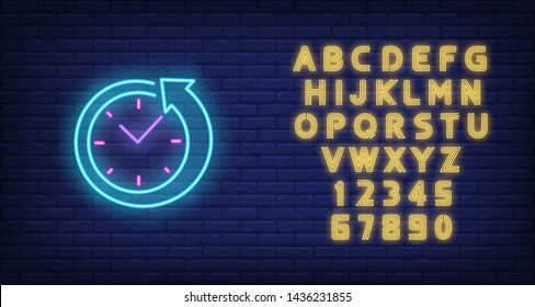 Clock with arrow neon sign. Round clock service advertisement design. Night bright neon sign, colorful billboard, light banner. Vector illustration in neon style.