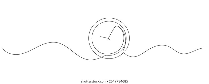 Clock with arrow in one continuous line. Minimalist time icon symbolizing deadline, schedule, or morning routine. Line art timer on transparent background. Save your time concept illustration.