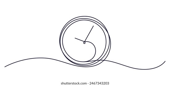 Clock with arrow. One thin line continuous symbol on the theme of time, deadline, morning, time to work on transparent background. Save your time concept, timer. Minimal design element