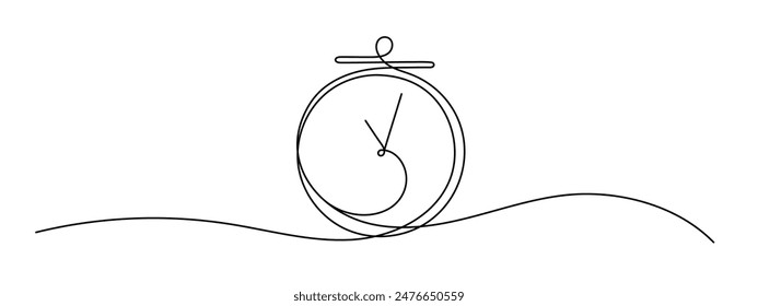 Clock with arrow. One thin line continuous symbol. Chronometer outline icon. Theme of time, deadline, morning, time to work isolated on white background. Save your time concept, timer. Minimal element