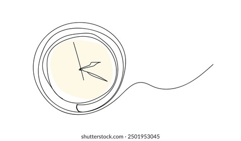 Clock with arrow. One thin line continuous symbol on the theme of time, deadline, morning, time to work on transparent background. Save your time concept, timer.