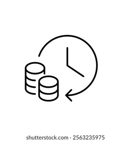 Clock, arrow and stack of coins. Scheduled payment or income, earnings timeline, monthly budget planning. Pixel perfect vector icon