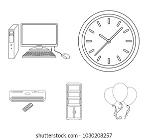 Clock with arrows, a computer with accessories for work in the office, a cabinet for storing business papers, air conditioning with remote control. Office Furniture set collection icons in outline