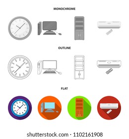 Clock with arrows, a computer with accessories for work in the office, a cabinet for storing business papers, air conditioning with remote control. Office Furniture set collection icons in flat