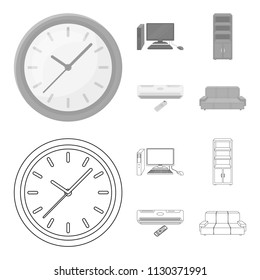 Clock with arrows, a computer with accessories for work in the office, a cabinet for storing business papers, air conditioning with remote control. Office Furniture set collection icons in outline