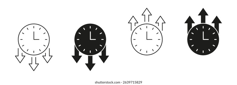 Clock With Arrows Line And Solid Icon Set. Time Management, Efficiency, And Productivity Symbol Collection. Directional Arrows Indicating Increase And Decrease. Isolated Vector Illustration.