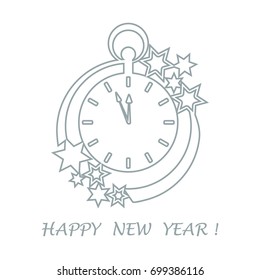 Clock with arrows showing a few minutes until midnight and stars. Design for postcard, banner, poster or print.