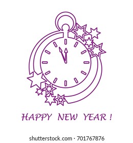 Clock with arrows showing a few minutes until midnight and stars. Design for postcard, banner, poster or print.