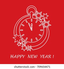 Clock with arrows showing a few minutes until midnight and stars. Design for postcard, banner, poster or print.