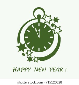 Clock with arrows showing a few minutes until midnight and stars. Design for postcard, banner, poster or print.