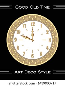 Clock in art deco style, isolated rich decorated object on black background, luxurious golden metal with filigree ornament, measuring time