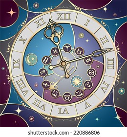 Clock with the astrological signs of the zodiac, the vector