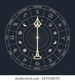 Clock with astrological zodiac signs in a mystical esoteric circle on a cosmic background. Gold and black design. Horoscope illustration, vector