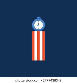 Clock atop striped pillar, graphic illustration. Time management or deadline concept on dark blue
