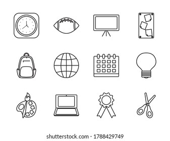 clock and back to school icon set over white background, line style, vector illustration