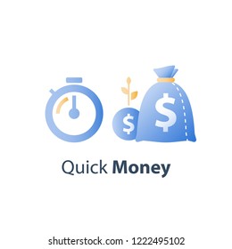 Clock and bag, time is money, fast loan, quick credit, payment period, savings account, financial benefit, vector icon