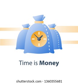 Clock and bag, time is money, fast loan, quick credit, payment period, savings account, financial benefit, vector icon