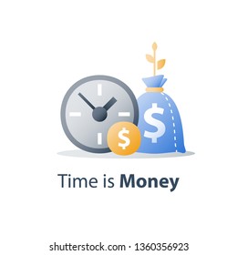 Clock and bag, time is money, fast loan, quick credit, payment period, savings account, financial benefit, vector icon