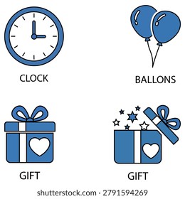 Clock Balloon Gift Icon Set Celebration Event Time Present Party Decorative Graphic Element Isolated Vector Illustration Design