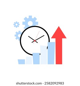 Clock With Bar Chart and Gears in Flat Vector Illustration Symbolizing Productivity, Time Management, and Business Growth, Isolated on White Background.
