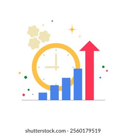 Clock With Bar Chart And Upward Arrow In Flat Vector Illustration Symbolizing Productivity, Growth, And Time Management, Isolated On White Background