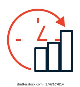 clock and bar graphic chart icon over white background, half line half color style, vector illustration