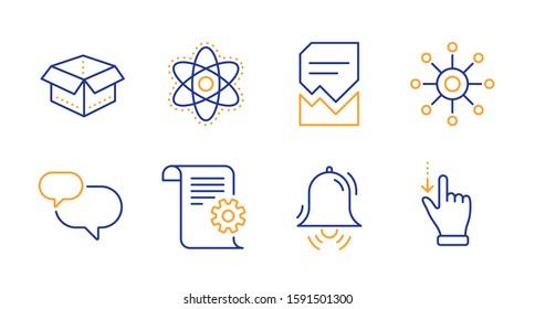 Clock bell, Corrupted file and Technical documentation line icons set. Chemistry atom, Multichannel and Chat message signs. Open box, Touchscreen gesture symbols. Alarm, Damaged document. Vector