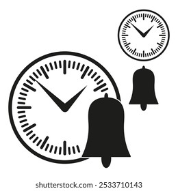 Clock and bell icons. Alarm clock symbol. Time and alert graphic. Black and white design.