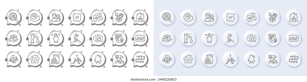 Clock bell, Tap water and Maggots line icons. White pin 3d buttons, chat bubbles icons. Pack of Hold box, Vacuum cleaner, Brush icon. Mobile inventory, Voicemail, Leadership pictogram. Vector