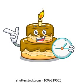 With clock birthday cake character cartoon