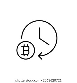 Clock and bitcoin symbol. Crypto currency timed transactions and scheduled investment. Pixel perfect vector icon
