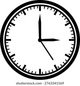 A clock with black hands and markings on a white background