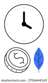 Reloj con las manos negras que muestran el tiempo, moneda con un signo de dólar y hoja azul que representa la naturaleza. Ideal para la gestión del tiempo, planificación financiera, iniciativas ecológicas, sostenibilidad, medio ambiente