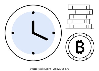 Clock with black hour and minute hands, next to a stack of coins and a Bitcoin symbol coin. Ideal for finance, investment, cryptocurrency, time management, economic growth, savings, and blockchain