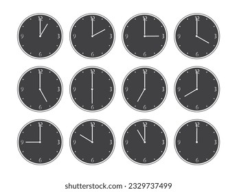 Clock black icons set in trendy flat style isolated on background. Black simple flat icons designs style. Complete twelve hours pointed clockwise o'clock sharp  Clock icon page symbol for your web 