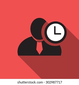 Clock black man silhouette icon on the red vintage background, long shadow flat design icon for forums or web