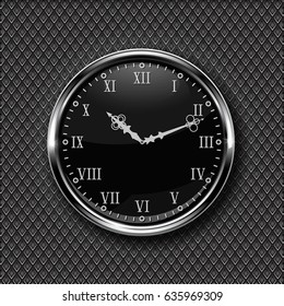 Clock. Black round clock with roman numerals. Vector illustration on metal perforated background