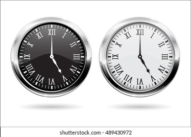 Clock. Black and white clock face with roman numerals and chrome frame. Vector illustration isolated on white background