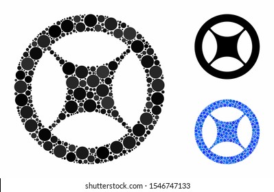 Clock blank wheel mosaic of filled circles in variable sizes and color tints, based on clock blank wheel icon. Vector filled circles are grouped into blue composition.