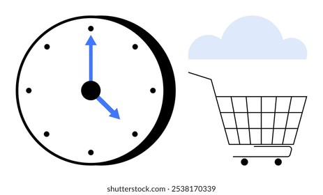 A clock with blue arrows beside a shopping cart and a cloud icon above. Ideal for time management, online shopping, cloud services, e-commerce, and scheduling. Simple vector style