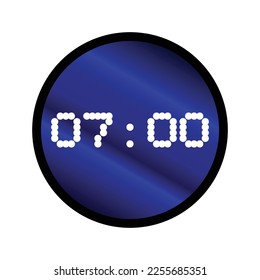 Clock blue background black frame displaying white 07.00 o'clock