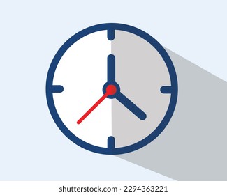 Vector de icono de color azul de reloj, con sombra negra. Concepto de icono simple, estilo plano.