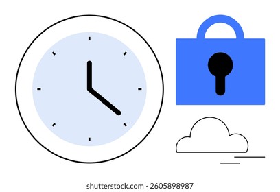 Clock with blue face denotes time management and efficiency. Blue padlock symbolizes data security. Cloud at the bottom suggests cloud storage and computing. Ideal for time, productivity, security