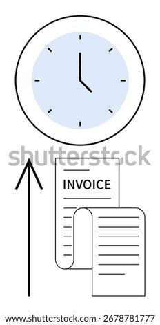 Clock with blue face indicating time, invoice documents and upward arrow. Ideal for time management, invoicing, accounting, productivity, workflow efficiency, financial planning, deadline tracking