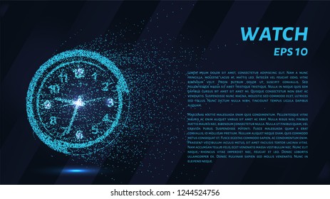 Clock of blue glowing dots. Particle clock. Vector illustration