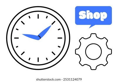 Reloj con las manos azules, el engranaje y la burbuja azul del discurso de la tienda. Ideal para horarios comerciales, gestión minorista, automatización, comercio electrónico, temas de tecnología. Estilo limpio y minimalista