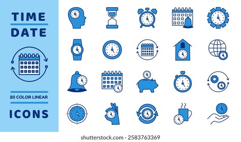 Clock blue icon. Time management. Line work chronometer. Deadline sign. Calendar notification. Service value. Money piggy bank. Hourglass stopwatch. Outline productivity timer. Vector tidy symbols set