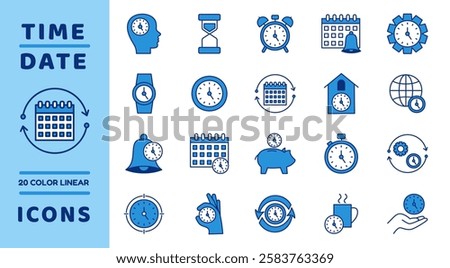 Clock blue icon. Time management. Line work chronometer. Deadline sign. Calendar notification. Service value. Money piggy bank. Hourglass stopwatch. Outline productivity timer. Vector tidy symbols set