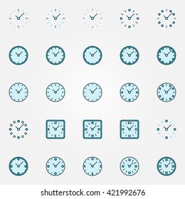 Clock blue icons - vector collection of blue clocks signs. Minimal flat time concept symbols