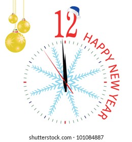 clock with blue snowflake for new year on white